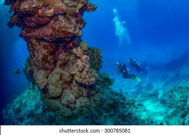 Two Woman Divers Explore A Rock Pinnacle, St John's Caves, Red Sea, Egypt