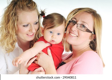 Two Woman One Baby Isolated On White