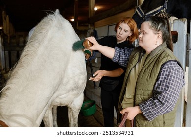 Two women brushing and grooming white horse in stable, showing care and attention to details relaxing, interacting with animal, focusing on brush strokes and horse's coat - Powered by Shutterstock