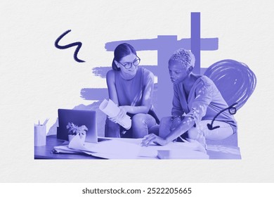 Two women collaborate on a project, showcasing teamwork and creativity. Women colleagues working for project. Diverse women teamwork discussing for business project - Powered by Shutterstock