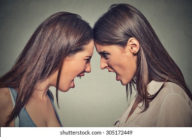 Two women fight. Angry women, looking at each other with hatred, blaming for problem. Friendship difficulties, problems at work concept 