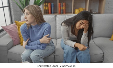 Two women, friends or sisters, appear sad and thoughtful in a cozy living room - Powered by Shutterstock