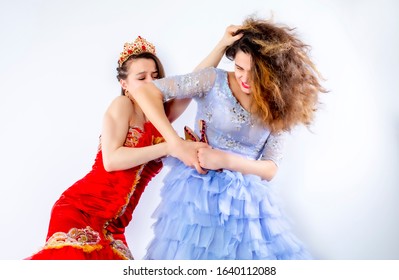 Two Women Having Argue Fight Being Mad At Each Other. Two Sisters Fight Because Of Competition At The Ball. Female Telling Off, Ignorance Concept. Isolate