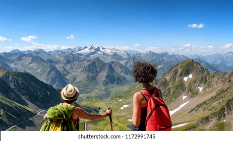 Two Women Hikers On The Trail Of The Pic Du Midi De Bigorre In The Pyrenees