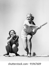 Two Women Playing Baseball