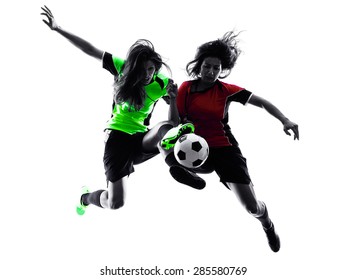 Two Women Playing Soccer Players In Silhouette Isolated On White Background