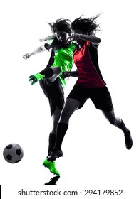 Two Women Playing Soccer Players In Silhouette Isolated On White Background