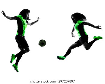 Two Women Playing Soccer Players In Silhouette Isolated On White Background