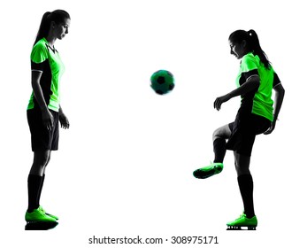 Two Women Playing Soccer Players In Silhouette Isolated On White Background