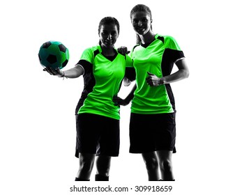 Two Women Playing Soccer Players In Silhouette Isolated On White Background