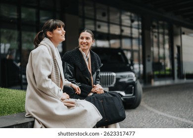 Dos mujeres con atuendo profesional están sentadas al aire libre, conversando cerca de un auto, sugiriendo temas de negocios y conexión.