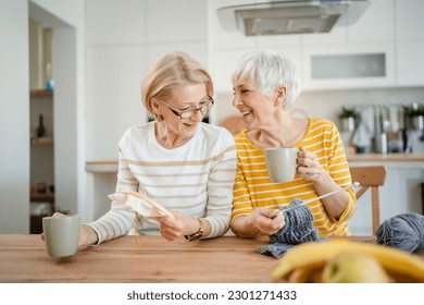 two women senior mature caucasian friends or mother and daughter or sisters knitting and embroidery during leisure time at home needlework concept bright photo happy and relaxed enjoy free time