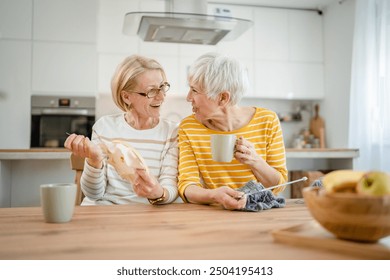 two women senior mature caucasian friends or mother and daughter or sisters knitting and embroidery during leisure time at home needlework concept bright photo happy and relaxed enjoy free time