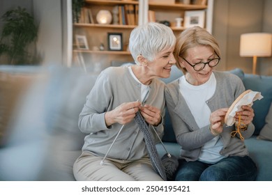 two women senior mature caucasian friends or mother and daughter or sisters knitting and embroidery during leisure time at home needlework concept happy and relaxed enjoy free time