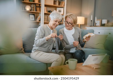 two women senior mature caucasian friends or mother and daughter or sisters knitting and embroidery during leisure time at home needlework concept happy and relaxed enjoy free time
