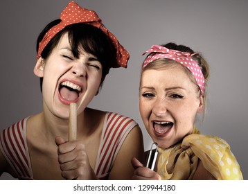 Two Women Singing Together. Karaoke, Retro Style.