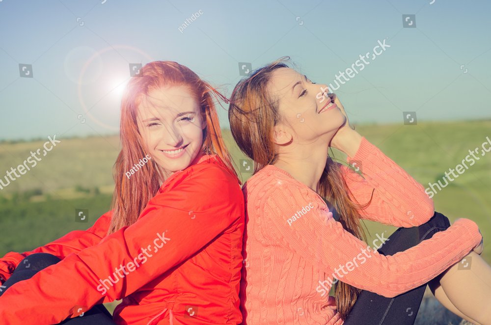 Two Women Smiling Enjoying Sunny Weather Blue Sky Nature Celebrating