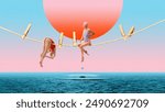 Two women in swimsuits balance on rope with oversized clothespins above ocean, set against vibrant sky with large sun. Contemporary art collage. Concept of summer, vacation, surrealism