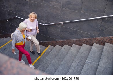 Two Women Talking And Going Up The Stairs During Their Stroll