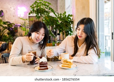 Two Women Talking Over Coffee And Dessert Cake In A Coffee Shop