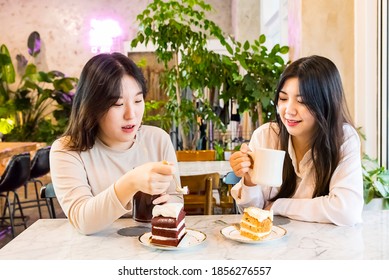 Two Women Talking Over Coffee And Dessert Cake In A Coffee Shop