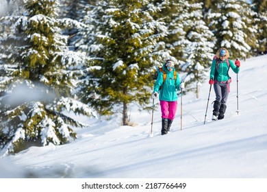Two women walk through the snow on a winter hike, two in the mountains in winter, hiking equipment, snowshoes
				