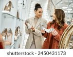 Two women, a young beautiful bride and her best friend, explore shoe options in a vibrant shoe store.