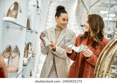 Two women, a young beautiful bride and her best friend, explore shoe options in a vibrant shoe store. - Powered by Shutterstock