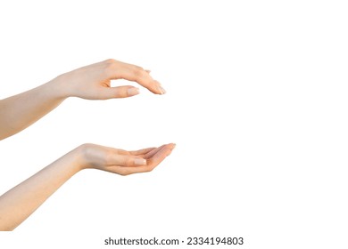 Two women's hands on top of each other, the concept of protection and security. Isolated hands on a white background, palm up and palm down. - Powered by Shutterstock