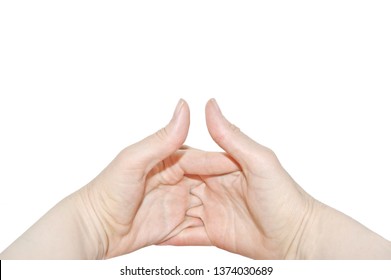 Two women's hands of the same person, interlock fingers on white background. Clasped Hands, Inner side close up