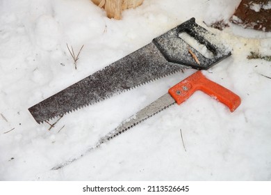 Two wood saws on snow, Survivalist tool for winter forest recreation