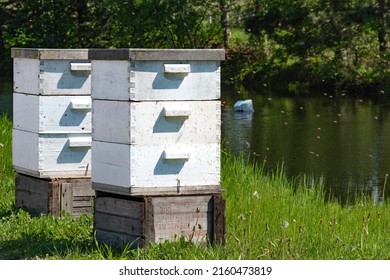 Two wooden bee hives close to a small lake