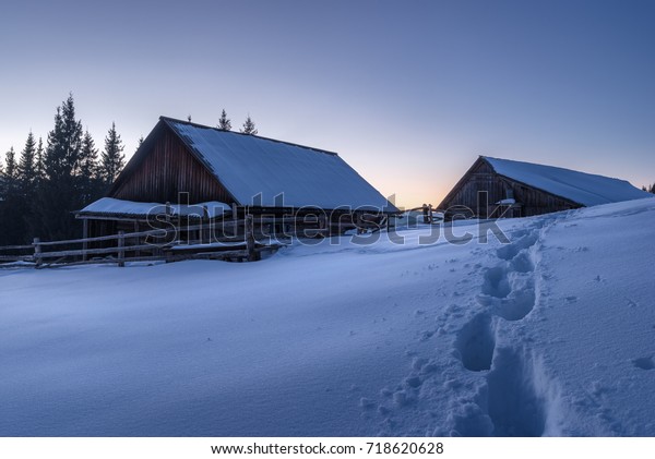 Two Wooden Cabins Winter Forest Sunset Stock Photo Edit Now