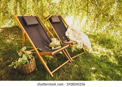 Two wooden deck chairs, morning coffee and books under the tree. Summer or weekend outdoor leisure in the peaceful garden nook.