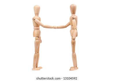 Two wooden dummies shaking hands over white background - Powered by Shutterstock