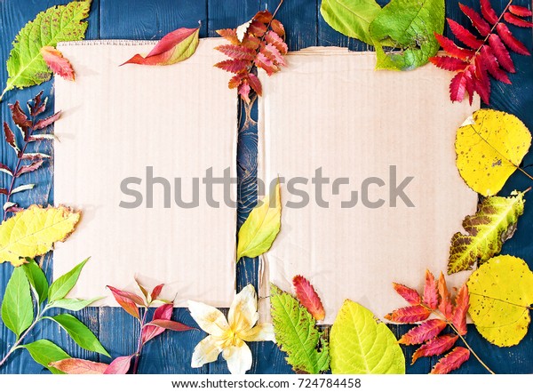 Two wooden frames, around\
yellow and green leaves. Rowan, bird cherry, cardboard. Place for\
signature.