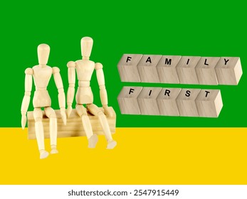 Two wooden mannequins sit side-by-side on a wooden plank, emphasizing the importance of family. High-quality photograph - Powered by Shutterstock