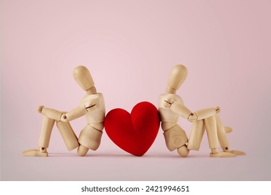 Two Wooden mannequins sitting back to back with heart - Concept of love and relationship issues - Powered by Shutterstock