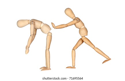 Two wooden mannequins stretching isolated on white background - Powered by Shutterstock - Get 15% off with code: PIKWIZARD15