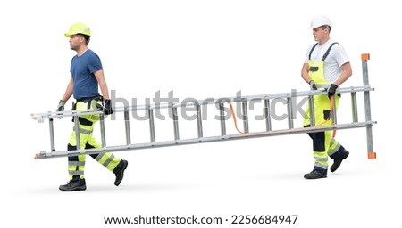 Two workers carrying a long ladder isolated on white background