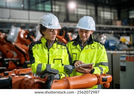Two workers in helmets and safety jackets discuss robotics operations while reviewing data on a tablet in a busy manufacturing environment filled with machinery.