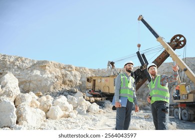 Two workers and quarry in background.