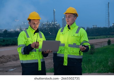 Two workers review project data at dusk in a construction site with industrial background - Powered by Shutterstock - Get 15% off with code: PIKWIZARD15
