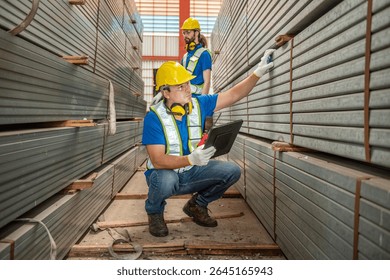 Two workers in a warehouse are checking inventory