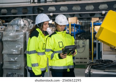 Two workers wearing bright safety gear and helmets are engaged in monitoring machinery controls inside a warehouse. They examine equipment while ensuring safety during operations. - Powered by Shutterstock