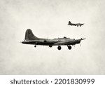 Two World War II bombers in flight on black and white stained background