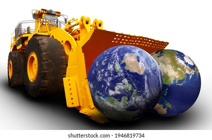 Two worlds. Depicting overconsumption of planets resources. An industrial bulldozer moves two Earths which are needed for our consumption and absorb our waste. Elements of the image furnished by NASA
