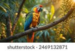 Two yellow and green colors parrots birds are sitting on a branch Green forest behind Sunrise in the deep forest