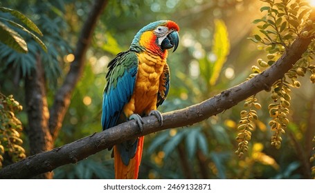 Two yellow and green colors parrots birds are sitting on a branch Green forest behind Sunrise in the deep forest - Powered by Shutterstock