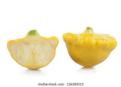 Two Yellow Scallop Squash On White Background.